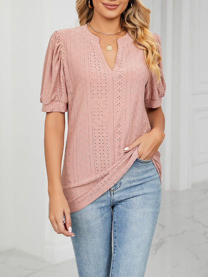 Notch Neck Solid Color Puff Sleeve Textured Blouse