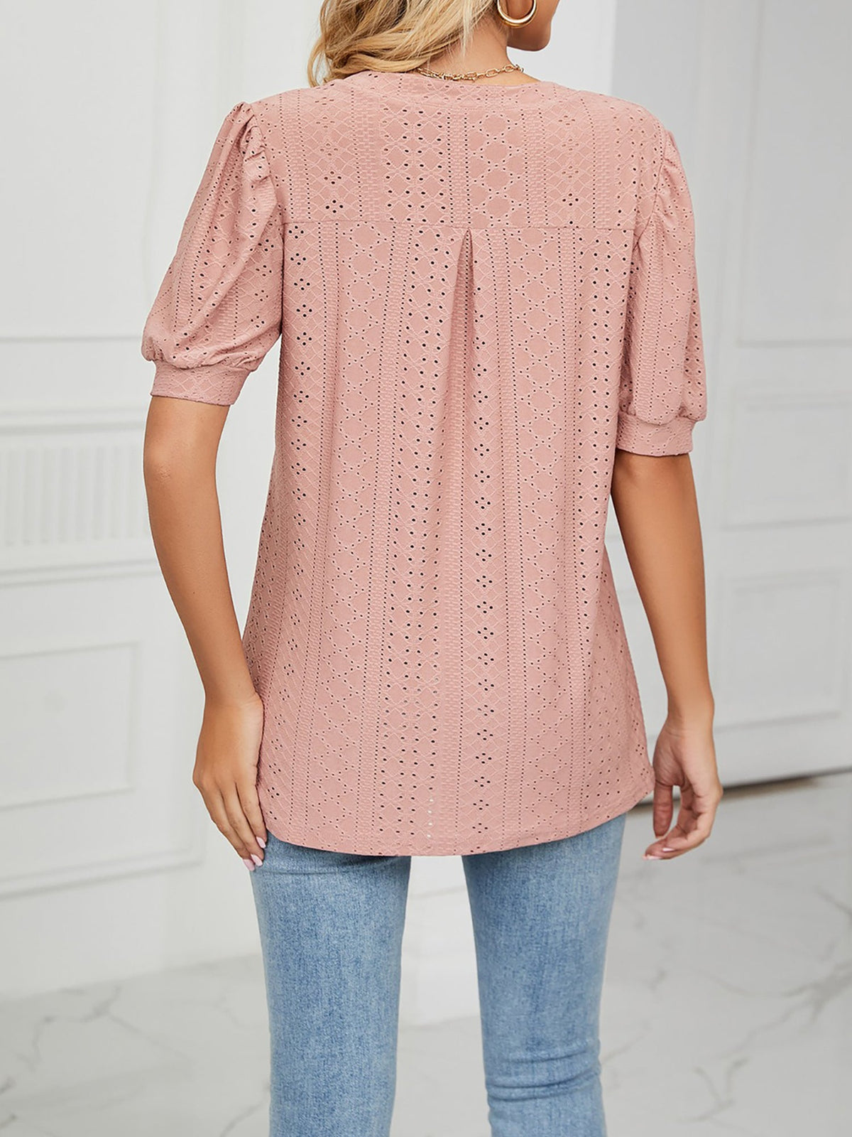 Notch Neck Solid Color Puff Sleeve Textured Blouse