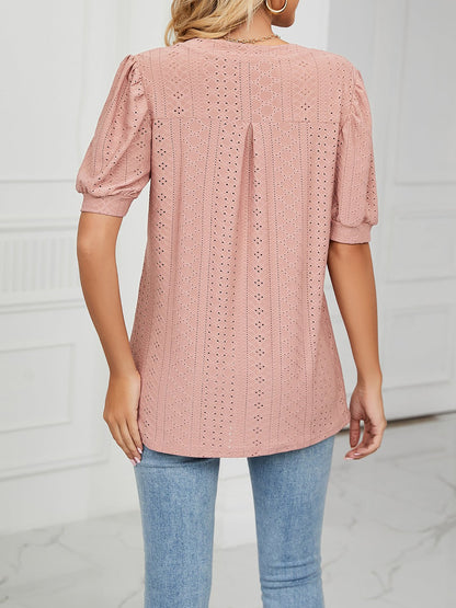 Notch Neck Solid Color Puff Sleeve Textured Blouse