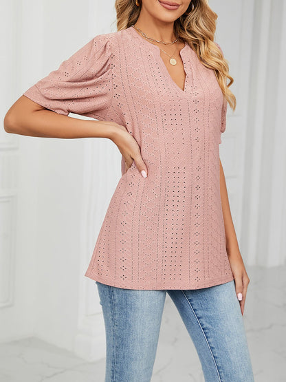Notch Neck Solid Color Puff Sleeve Textured Blouse