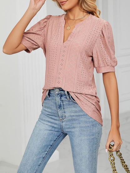 Notch Neck Solid Color Puff Sleeve Textured Blouse