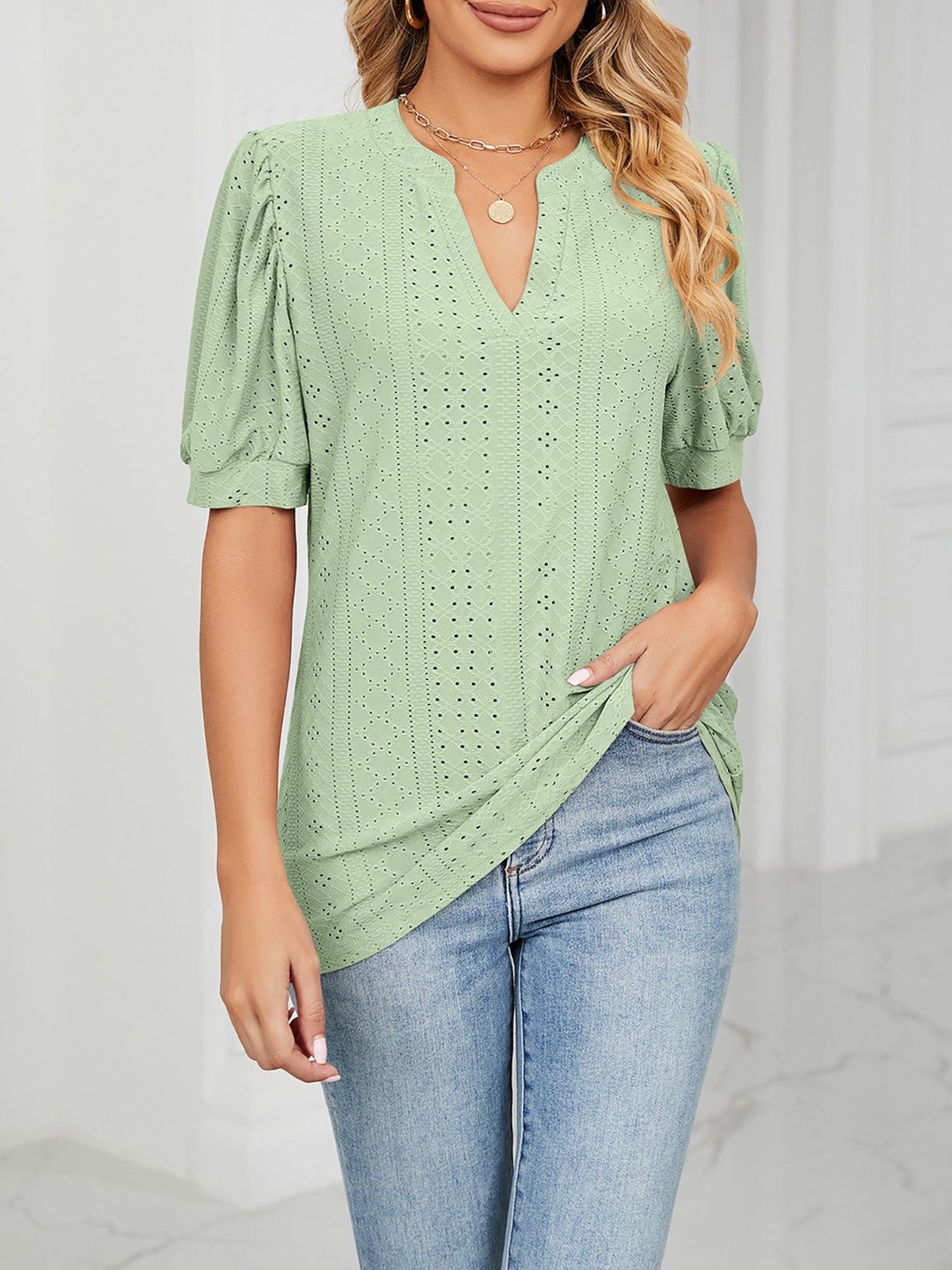 Notch Neck Solid Color Puff Sleeve Textured Blouse