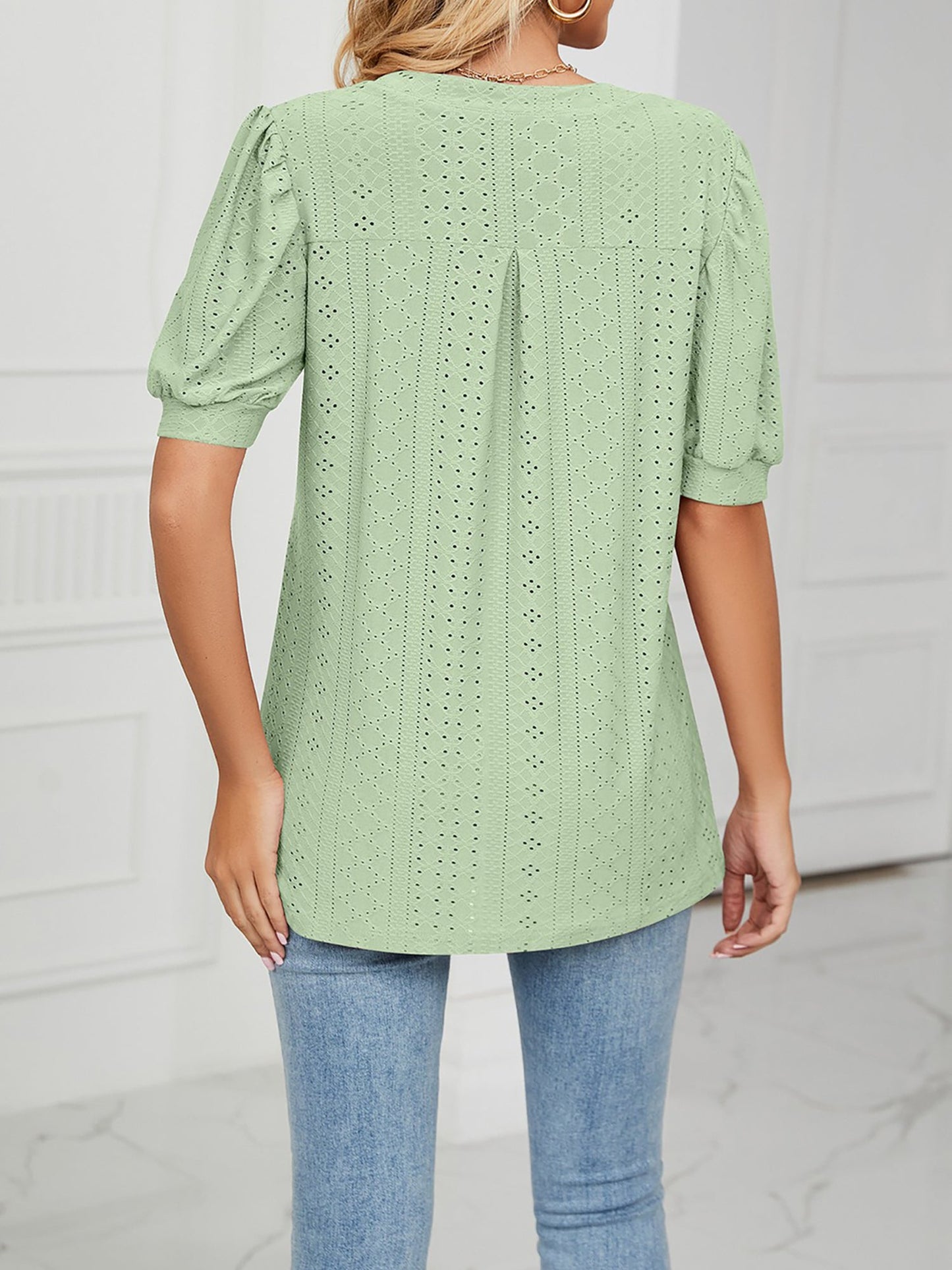 Notch Neck Solid Color Puff Sleeve Textured Blouse