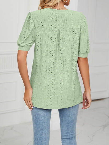 Notch Neck Solid Color Puff Sleeve Textured Blouse