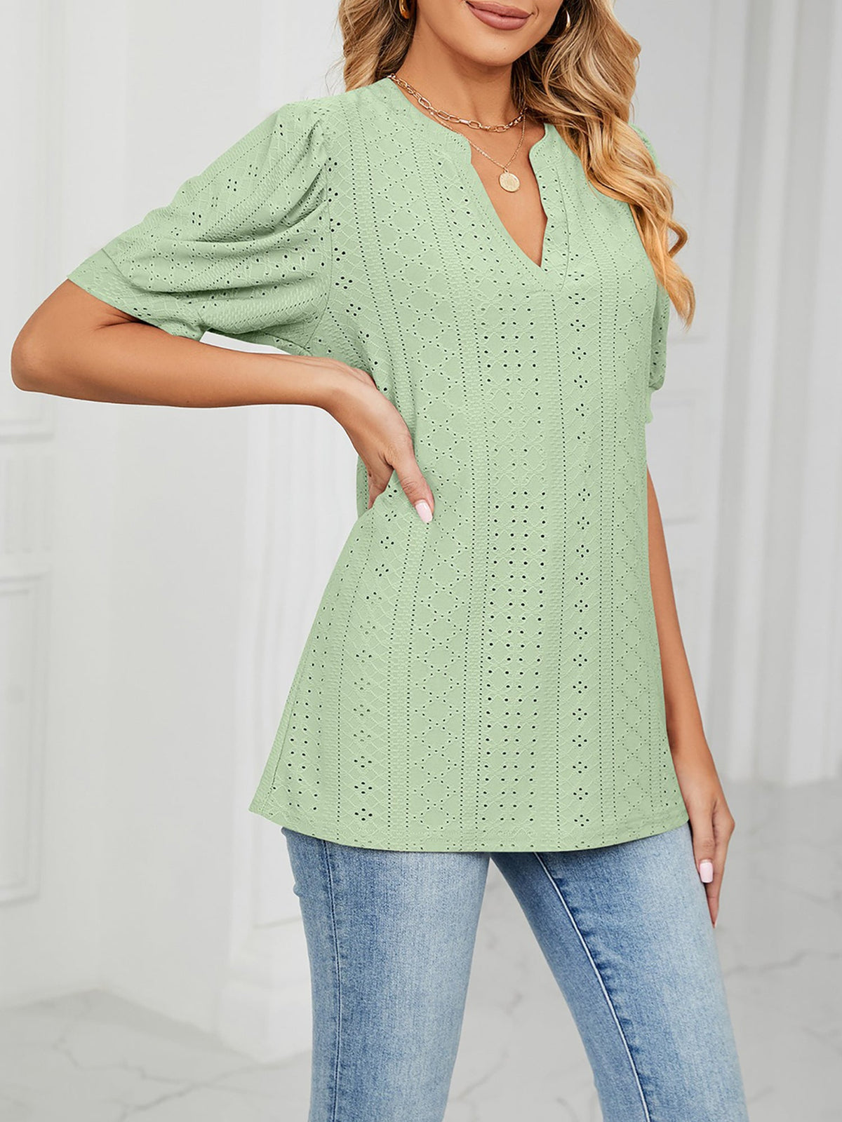 Notch Neck Solid Color Puff Sleeve Textured Blouse