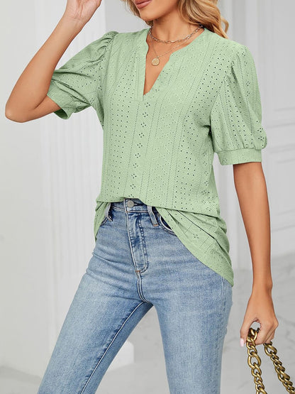 Notch Neck Solid Color Puff Sleeve Textured Blouse