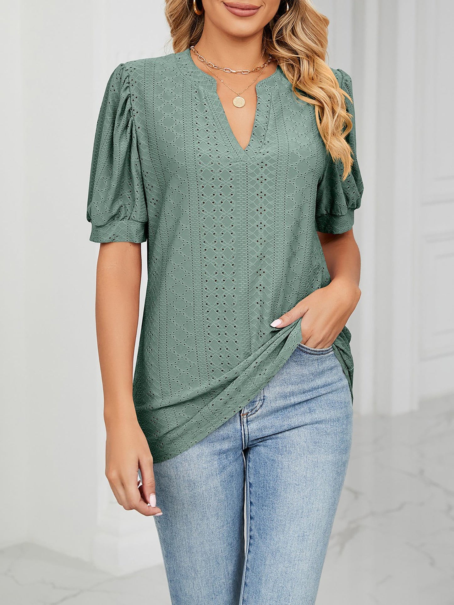 Notch Neck Solid Color Puff Sleeve Textured Blouse