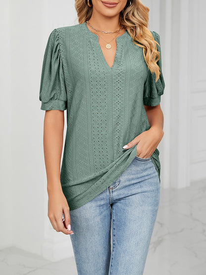 Notch Neck Solid Color Puff Sleeve Textured Blouse