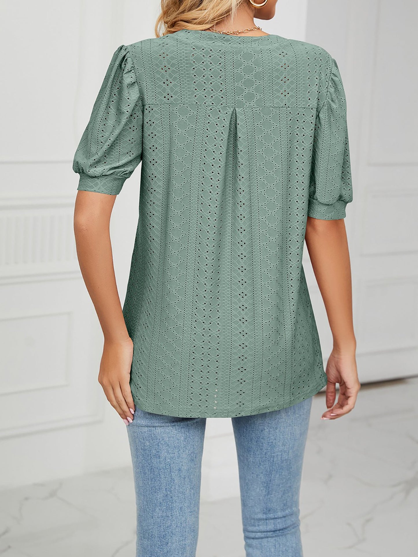 Notch Neck Solid Color Puff Sleeve Textured Blouse