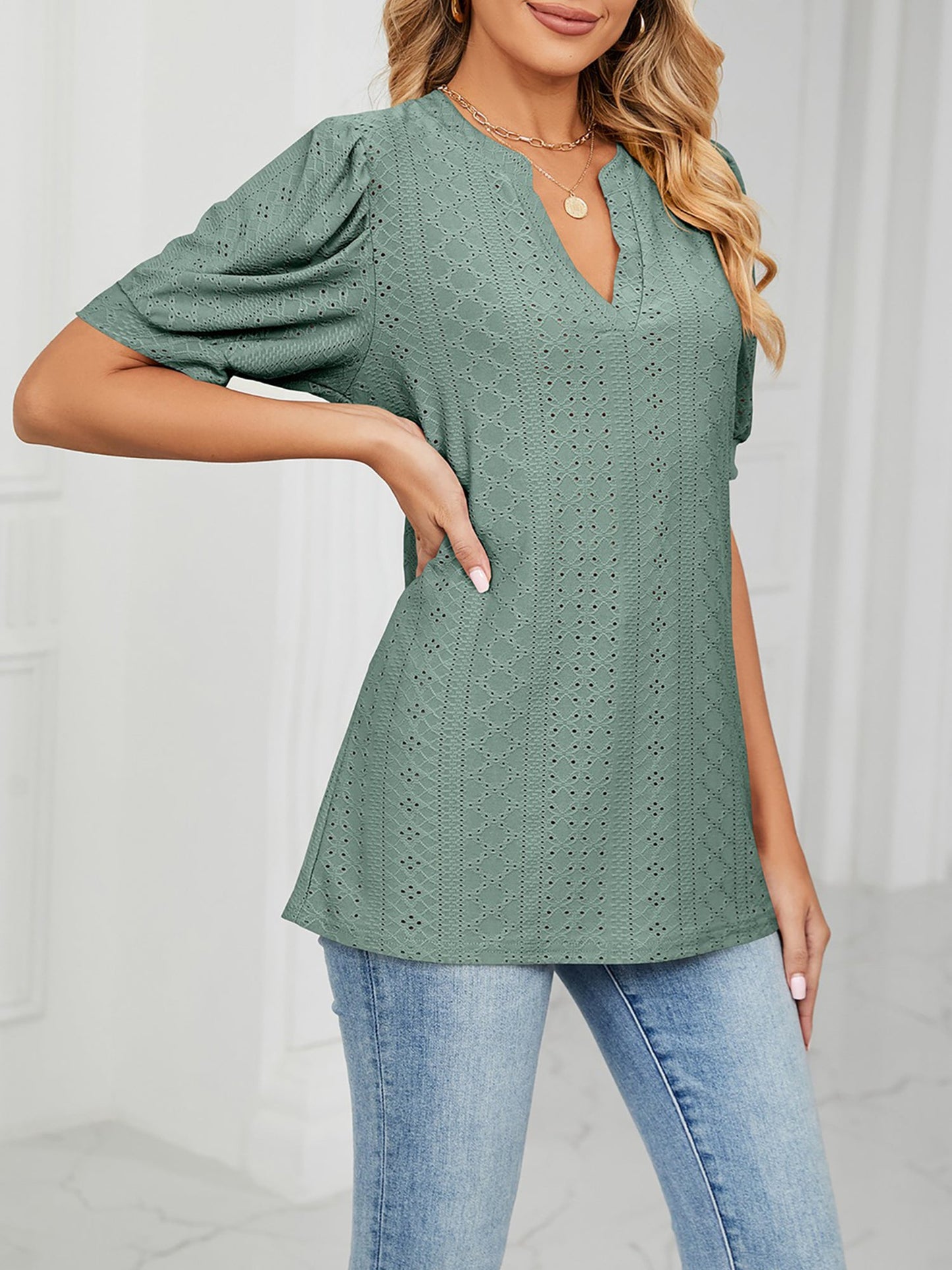 Notch Neck Solid Color Puff Sleeve Textured Blouse