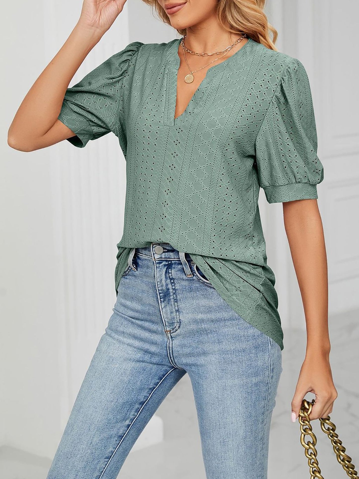 Notch Neck Solid Color Puff Sleeve Textured Blouse