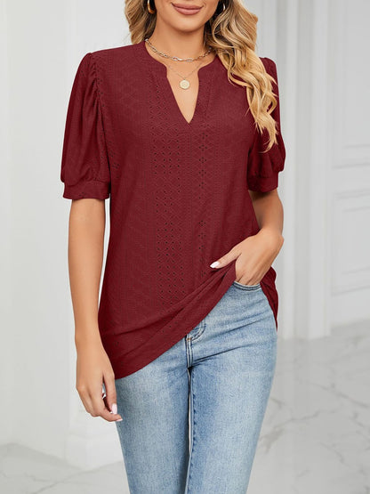 Notch Neck Solid Color Puff Sleeve Textured Blouse