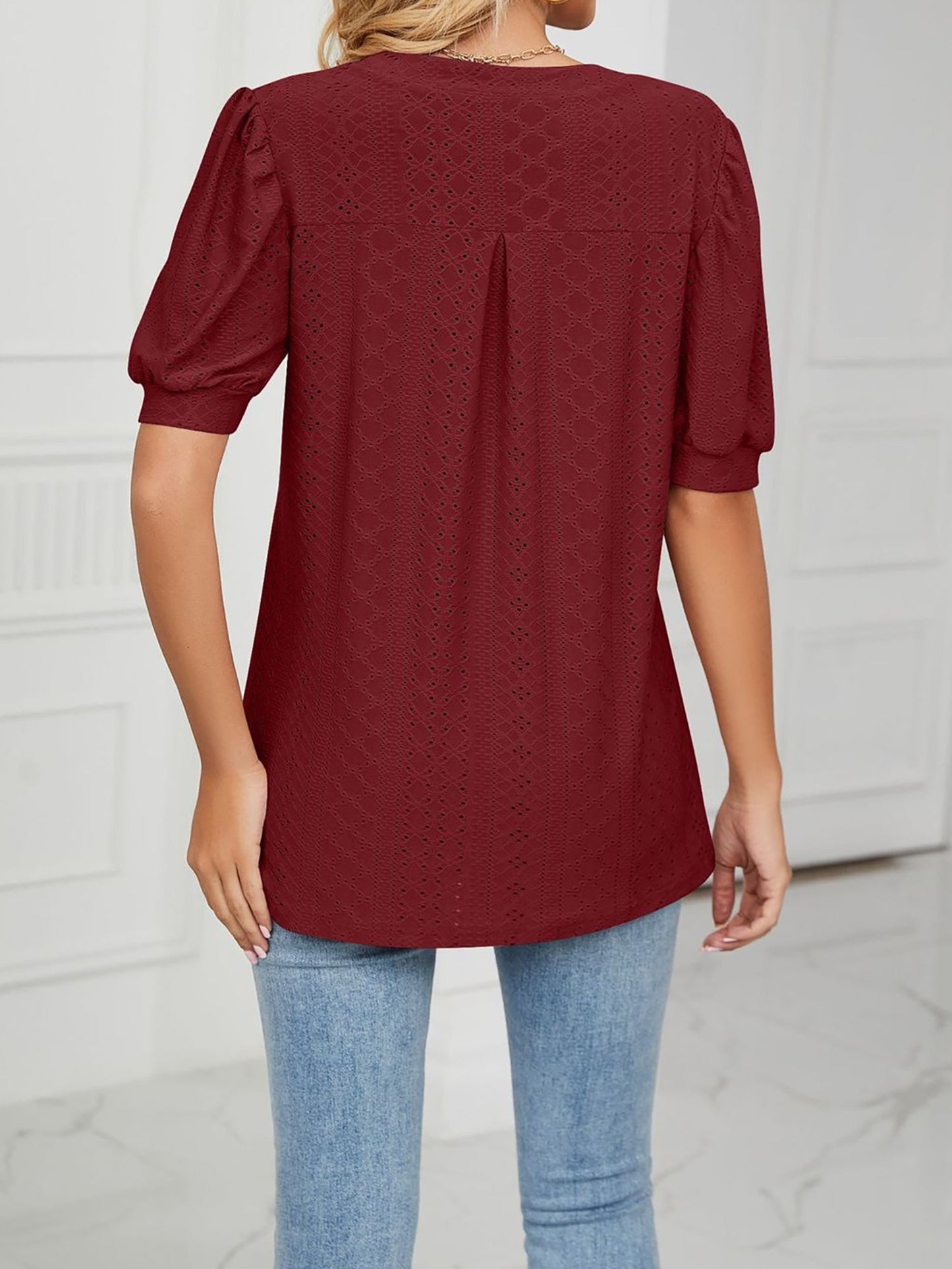 Notch Neck Solid Color Puff Sleeve Textured Blouse