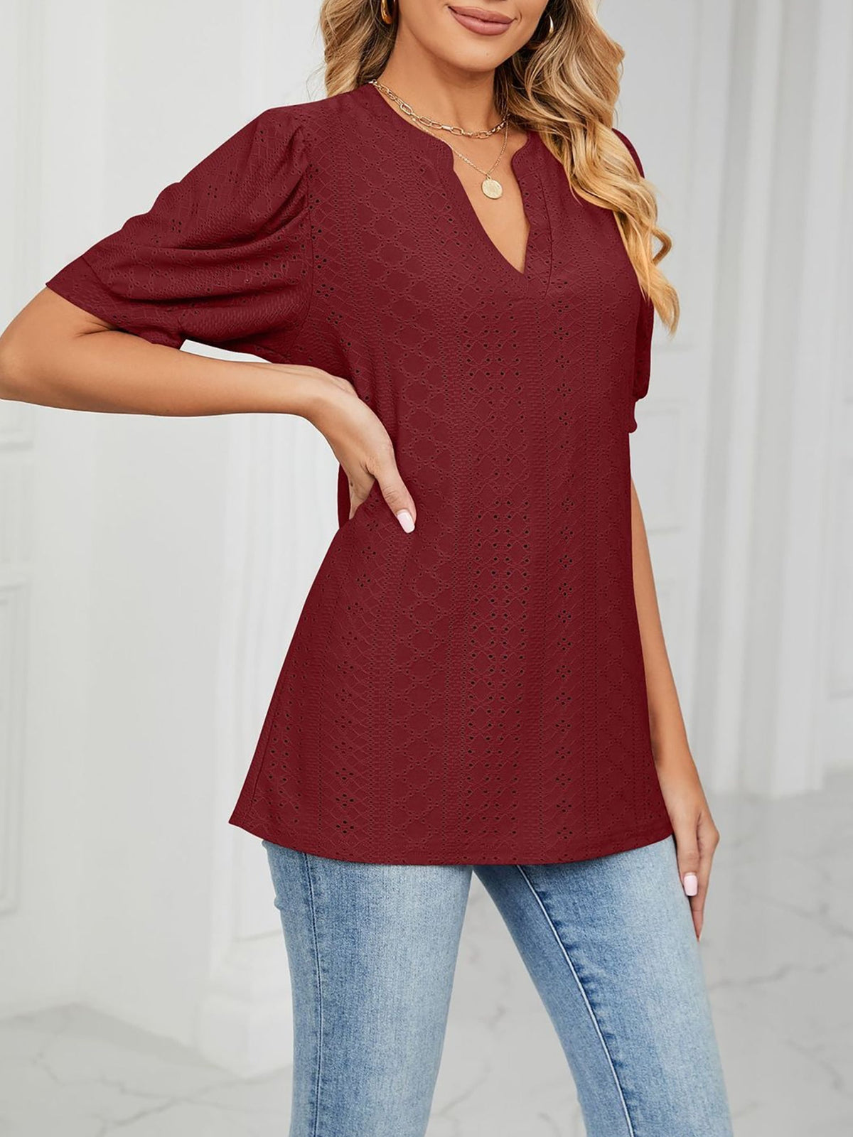 Notch Neck Solid Color Puff Sleeve Textured Blouse