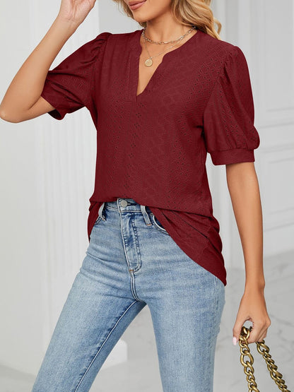 Notch Neck Solid Color Puff Sleeve Textured Blouse