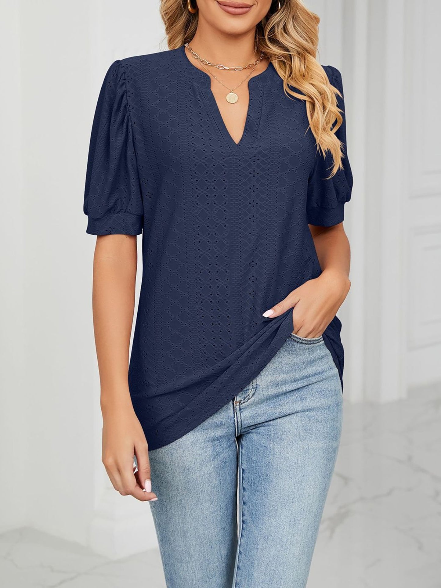 Notch Neck Solid Color Puff Sleeve Textured Blouse