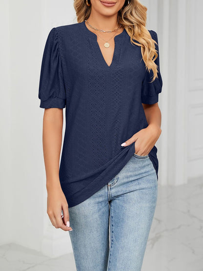 Notch Neck Solid Color Puff Sleeve Textured Blouse