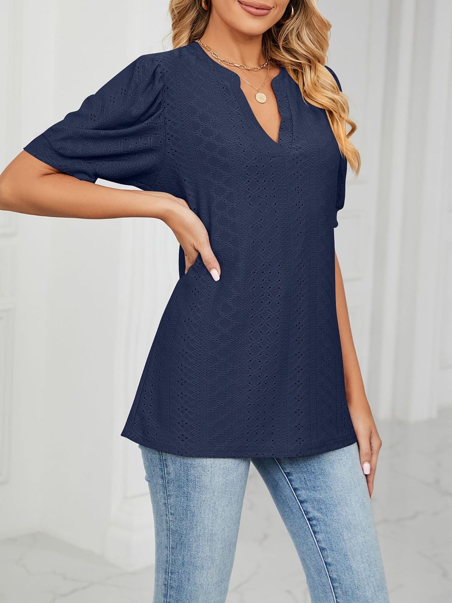 Notch Neck Solid Color Puff Sleeve Textured Blouse