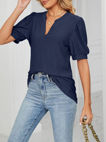 Notch Neck Solid Color Puff Sleeve Textured Blouse