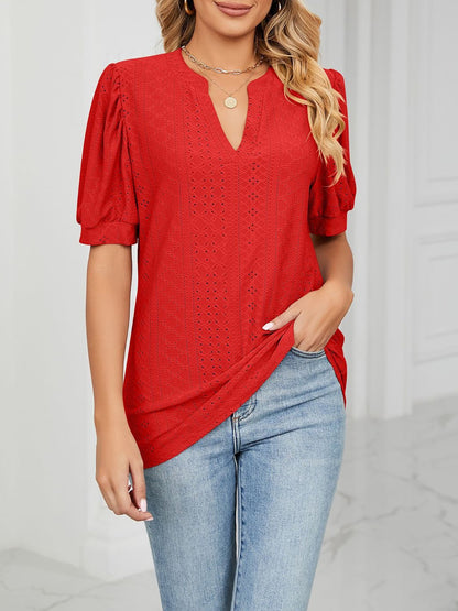 Notch Neck Solid Color Puff Sleeve Textured Blouse
