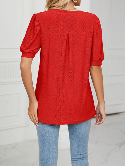Notch Neck Solid Color Puff Sleeve Textured Blouse
