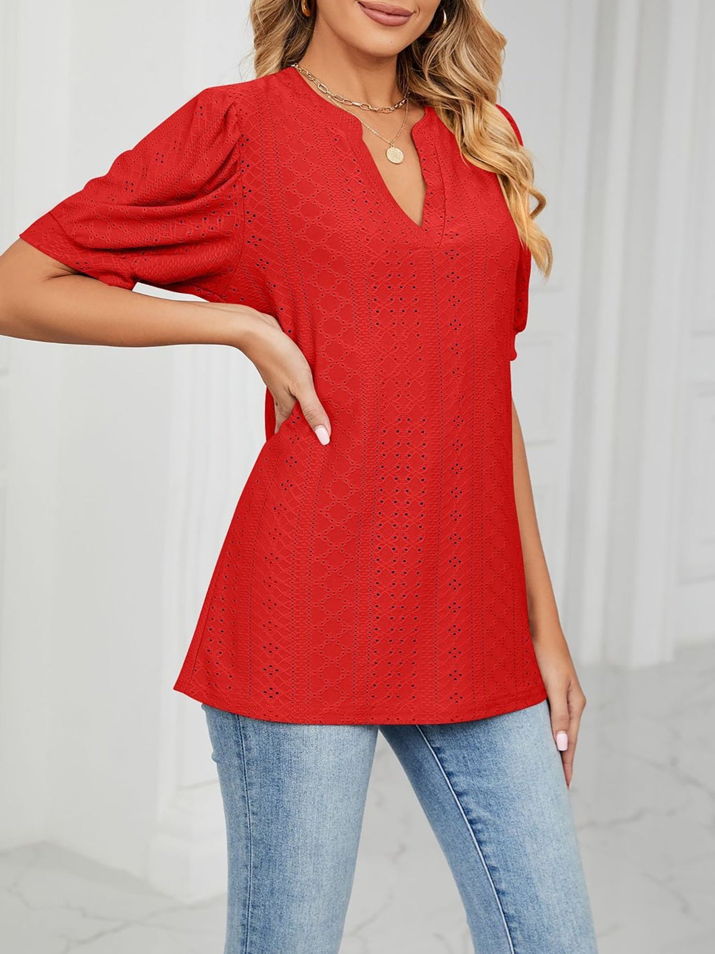 Notch Neck Solid Color Puff Sleeve Textured Blouse