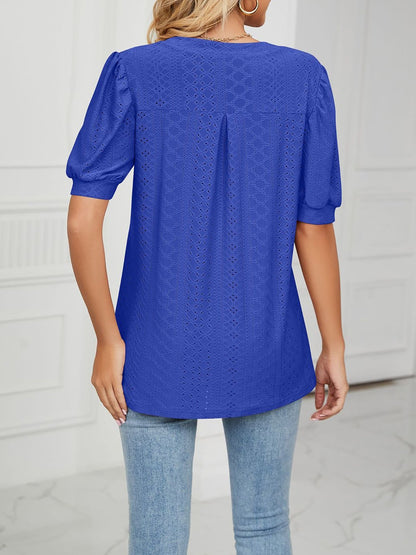 Notch Neck Solid Color Puff Sleeve Textured Blouse