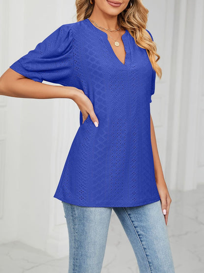 Notch Neck Solid Color Puff Sleeve Textured Blouse