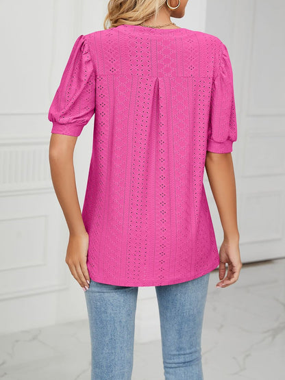 Notch Neck Solid Color Puff Sleeve Textured Blouse