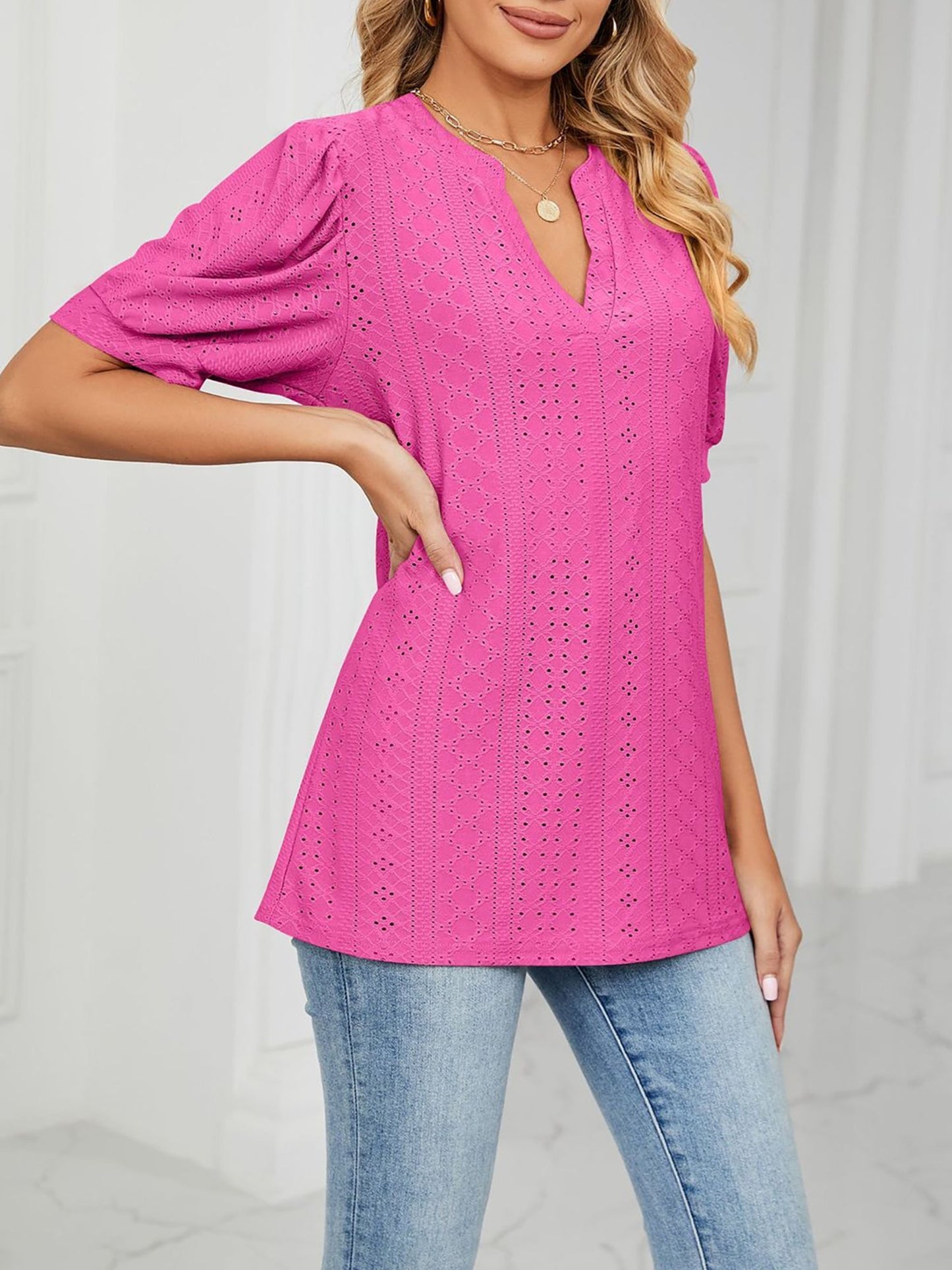 Notch Neck Solid Color Puff Sleeve Textured Blouse
