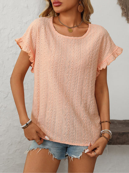 Round Neck Short Sleeve Eyelet Ruffled Blouse