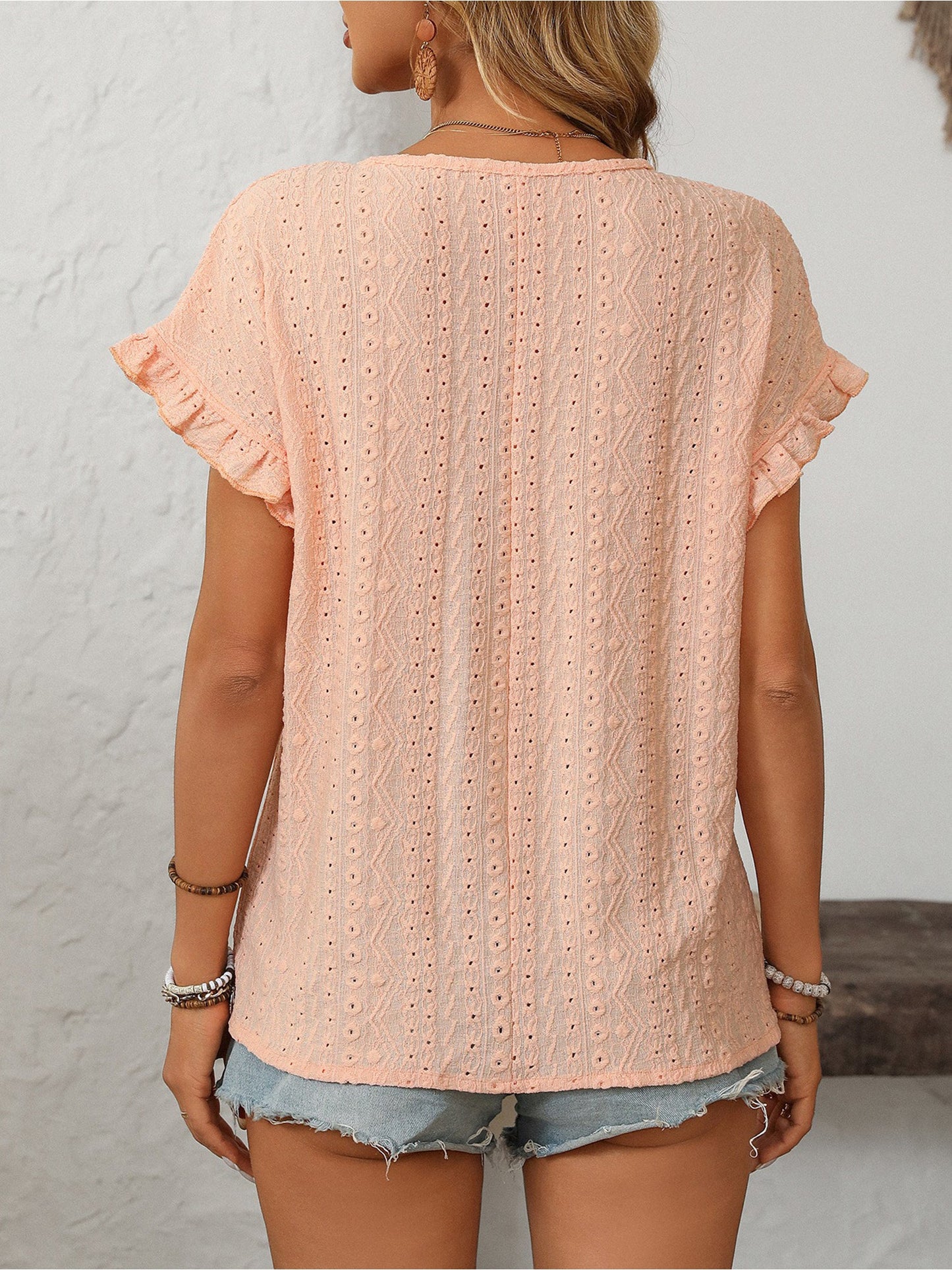 Round Neck Short Sleeve Eyelet Ruffled Blouse