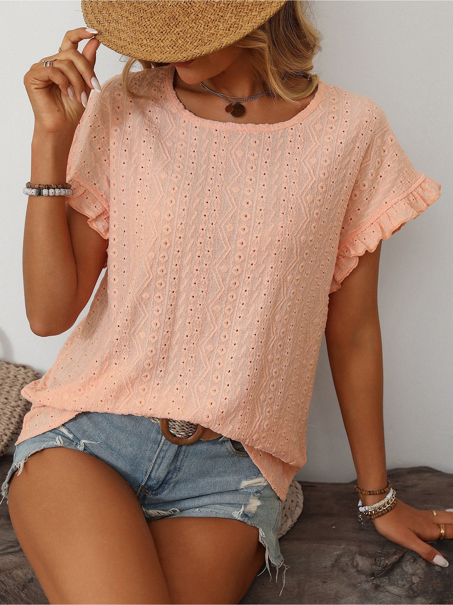 Round Neck Short Sleeve Eyelet Ruffled Blouse