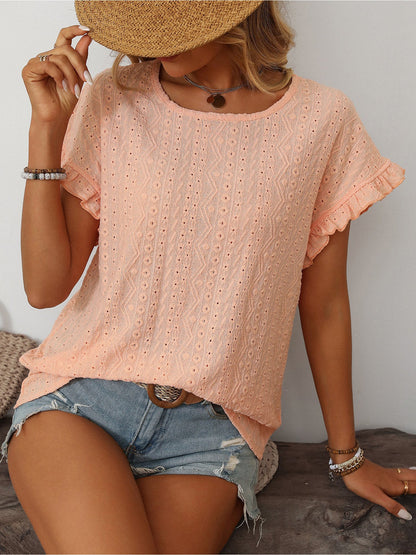 Round Neck Short Sleeve Eyelet Ruffled Blouse