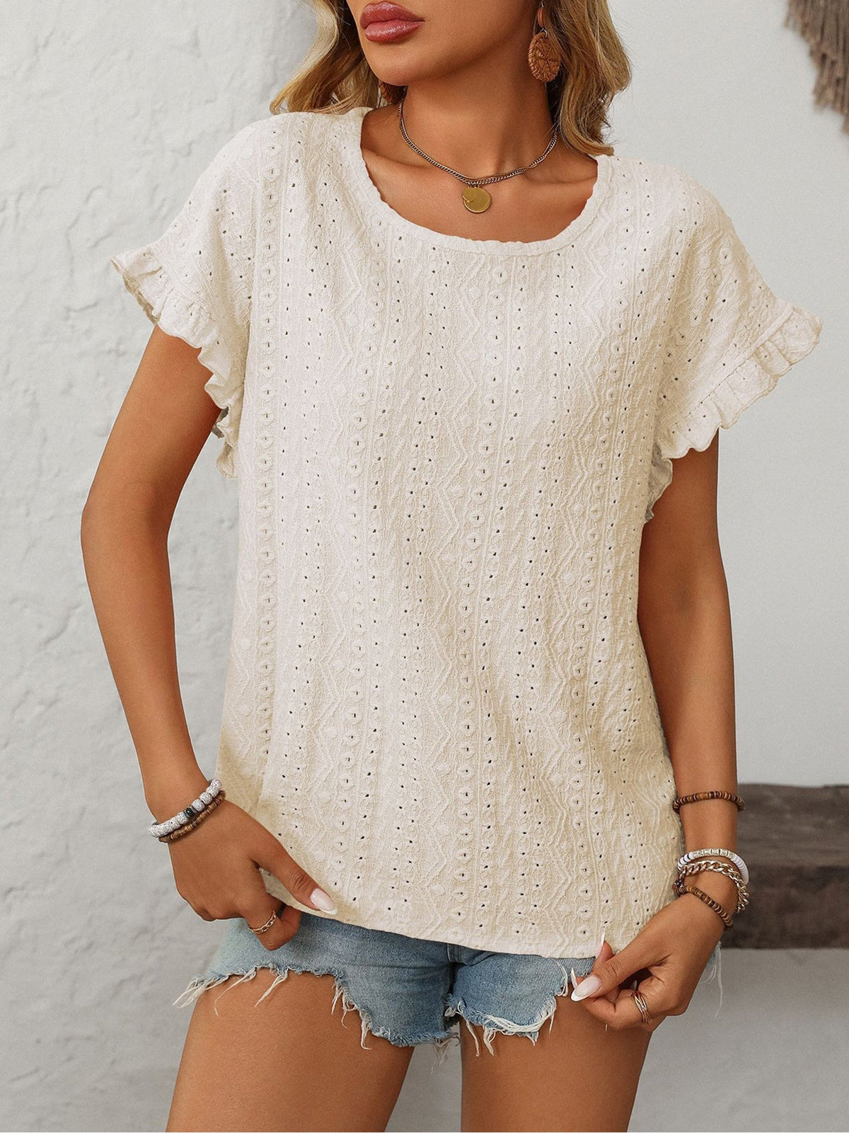 Round Neck Short Sleeve Eyelet Ruffled Blouse