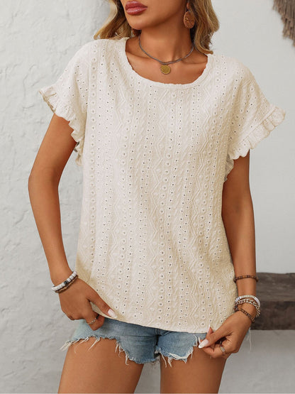 Round Neck Short Sleeve Eyelet Ruffled Blouse