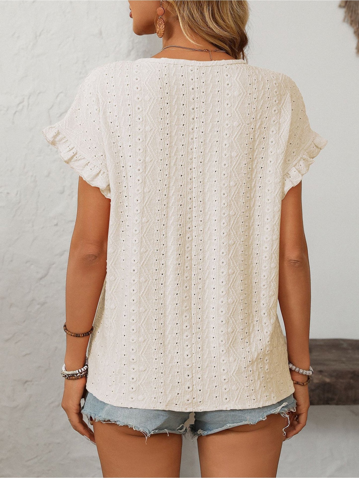 Round Neck Short Sleeve Eyelet Ruffled Blouse