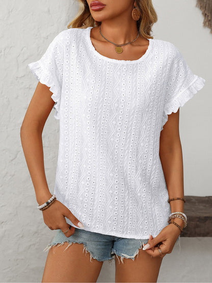 Round Neck Short Sleeve Eyelet Ruffled Blouse