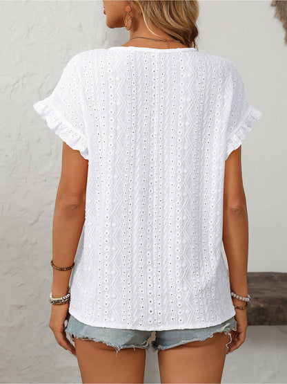 Round Neck Short Sleeve Eyelet Ruffled Blouse