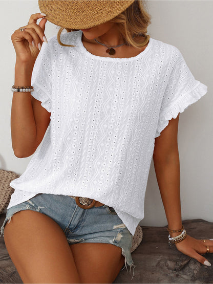 Round Neck Short Sleeve Eyelet Ruffled Blouse
