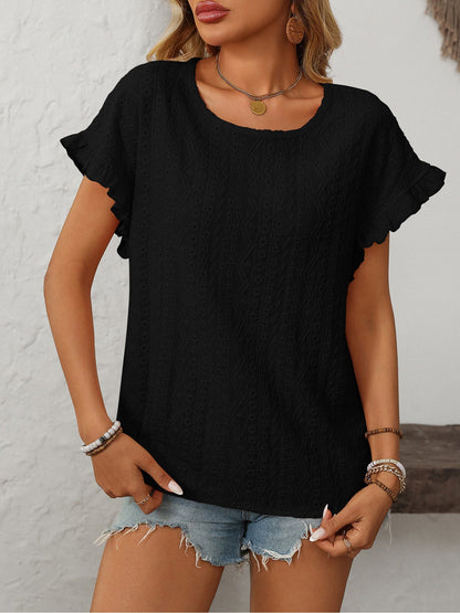 Round Neck Short Sleeve Eyelet Ruffled Blouse