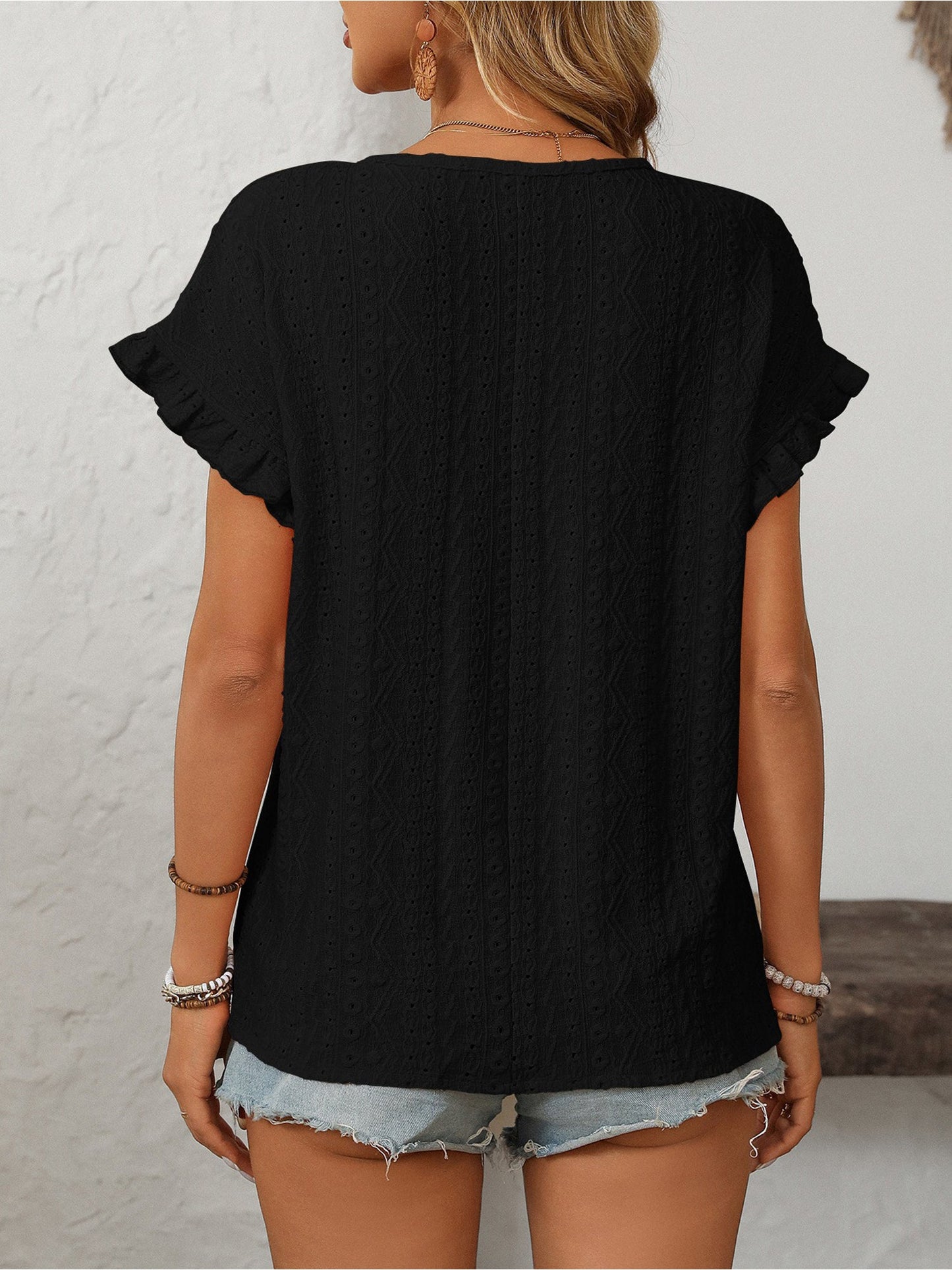 Round Neck Short Sleeve Eyelet Ruffled Blouse