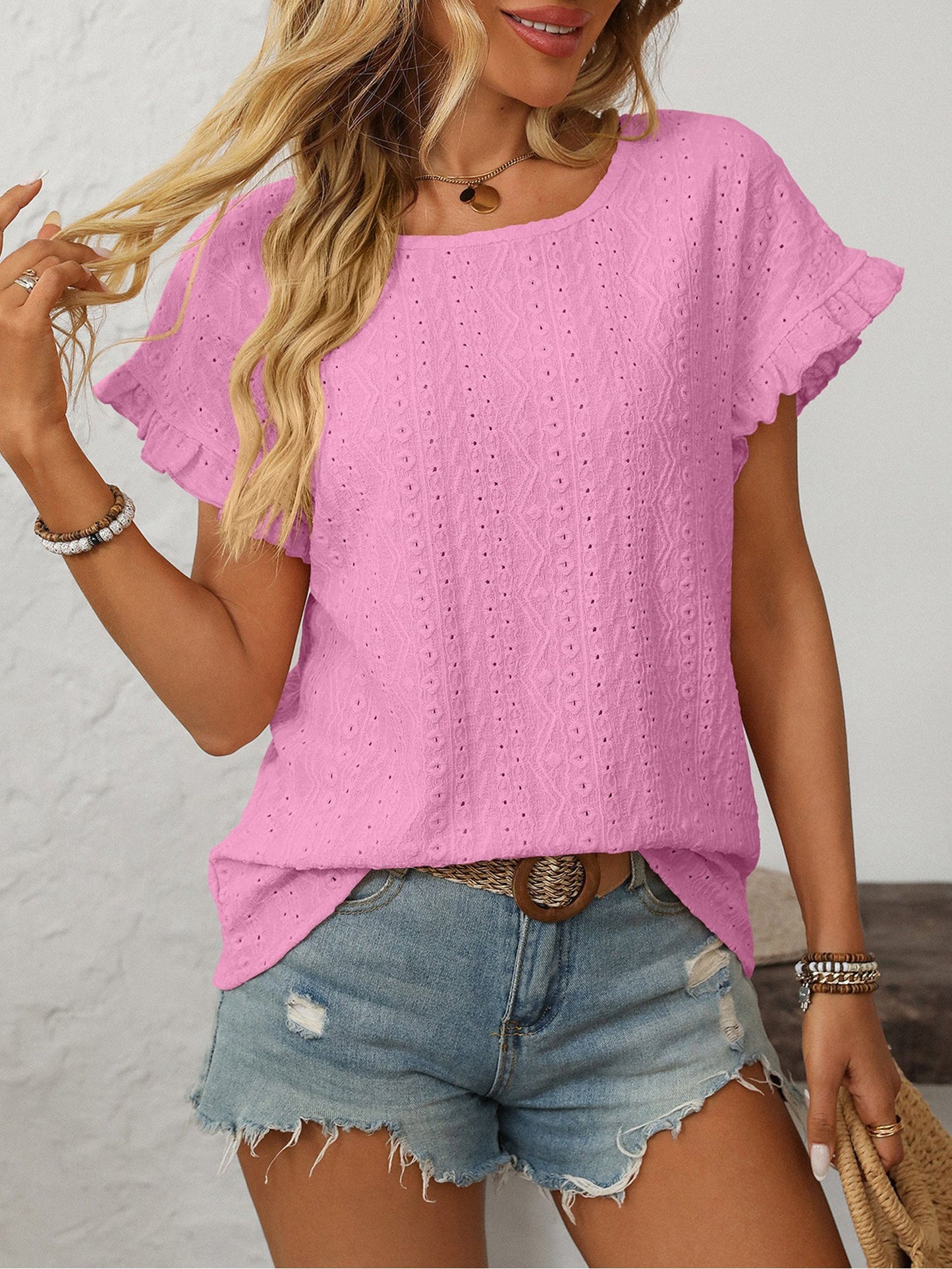 Round Neck Short Sleeve Eyelet Ruffled Blouse