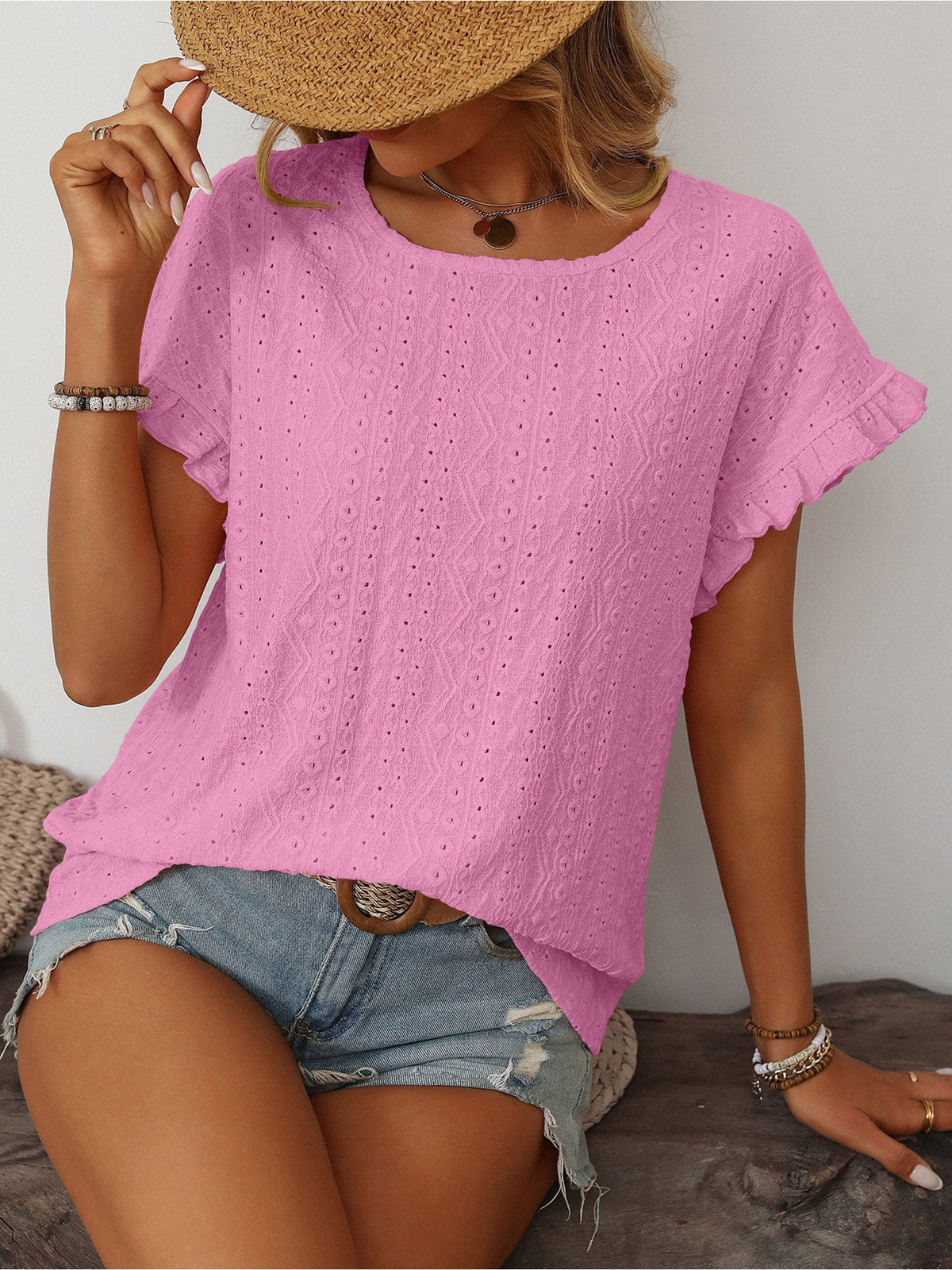 Round Neck Short Sleeve Eyelet Ruffled Blouse