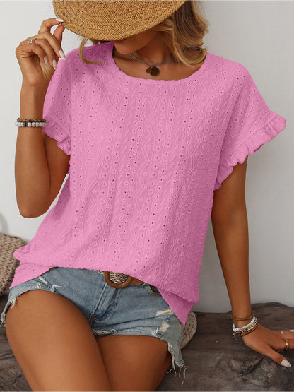 Round Neck Short Sleeve Eyelet Ruffled Blouse