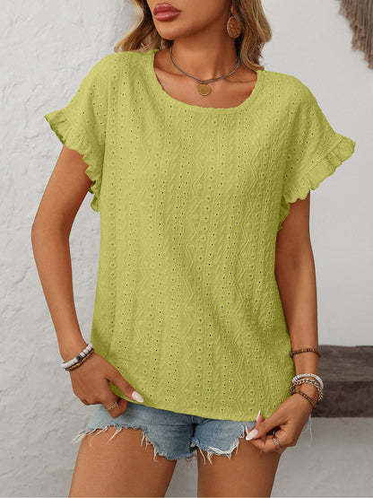 Round Neck Short Sleeve Eyelet Ruffled Blouse