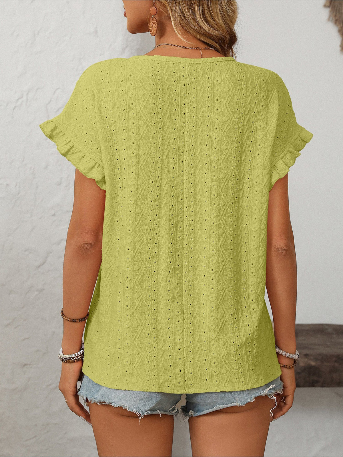 Round Neck Short Sleeve Eyelet Ruffled Blouse