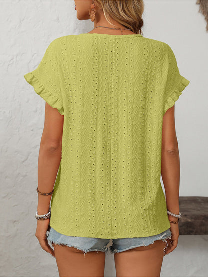 Round Neck Short Sleeve Eyelet Ruffled Blouse