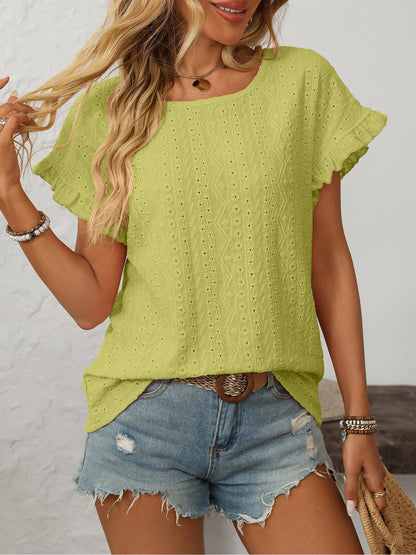 Round Neck Short Sleeve Eyelet Ruffled Blouse