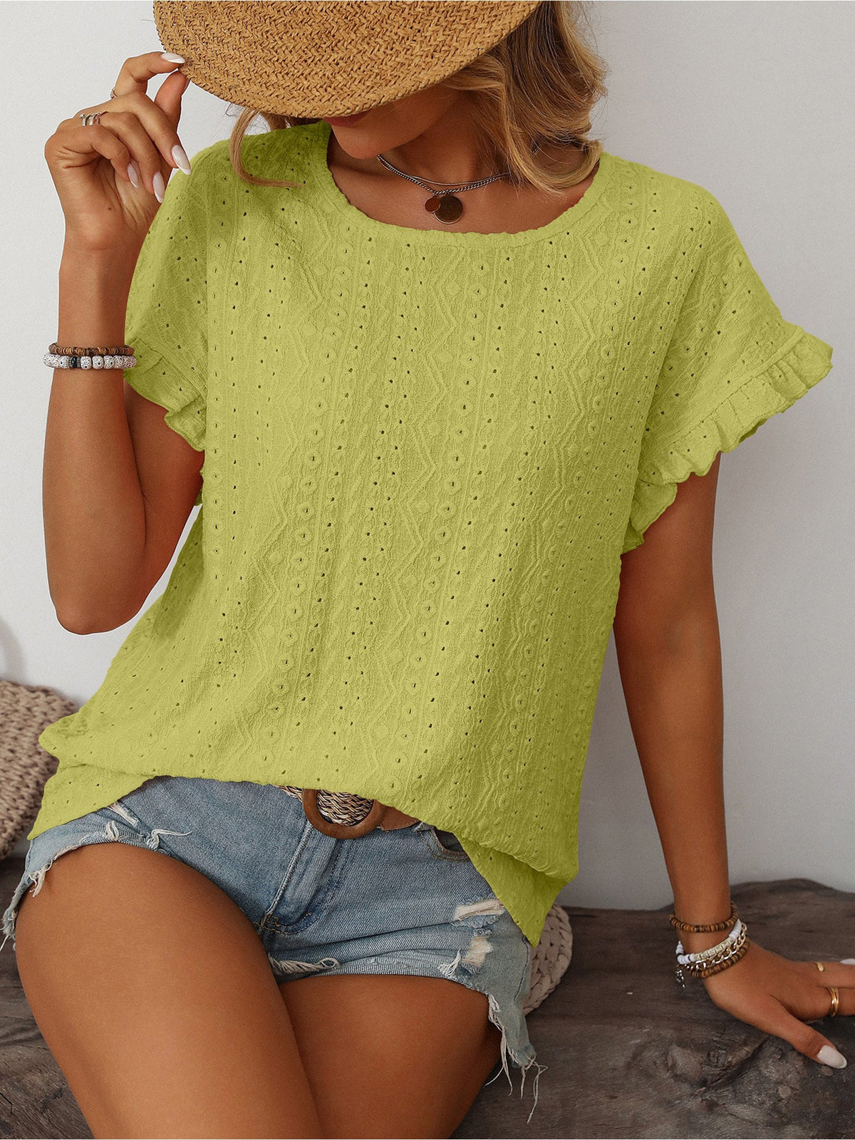 Round Neck Short Sleeve Eyelet Ruffled Blouse